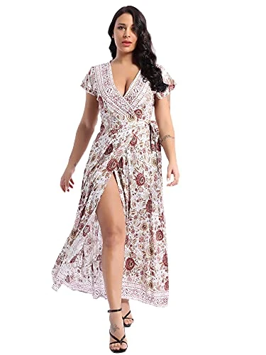 Women Wrap Long Dress Bohemian Waist Tie V Neck Short Sleeve High Split Summer Beach Maxi Dresses Beige S