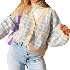 Women Y2K Knitwear Cardigans Sweater Long Sleeve V Neck Casual Sweater Open Front Button 90s Outerwear Coat Blue