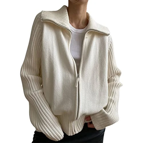 Women Zip Up Knitted Jacket Full Zip Ribbed Cardigan High Neck Oversized Jumper Vintage Knitwear Sweater Knit Pullover (Cream, M)