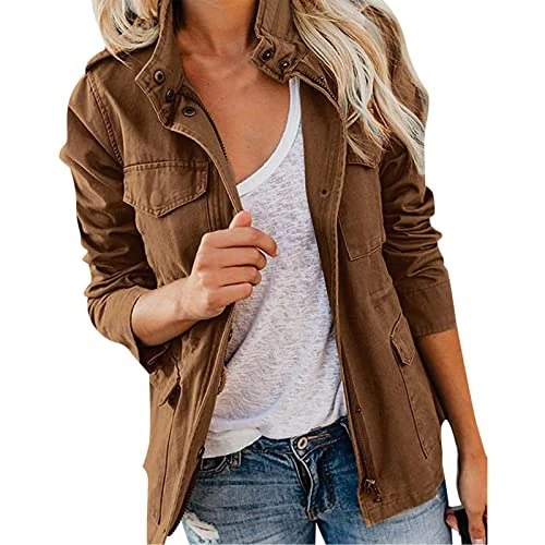 Women Zipper Jacket Work Jacket Pocket Snap Button Jacket Casual Jacket Solid Color Quilted Transiti