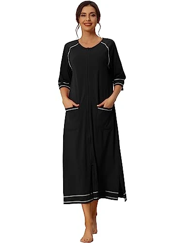 Women Zipper Robe Long Sleeve Loungewear Housecoat Midi Nightgown with Pockets Black XL