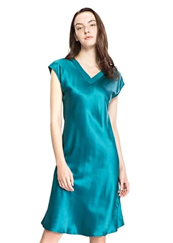 Women's 100 Mulberry Silk Nightgown Long Short Sleeve Nightdress 22 Momme Pure Silk Dark Teal Size 18/XL