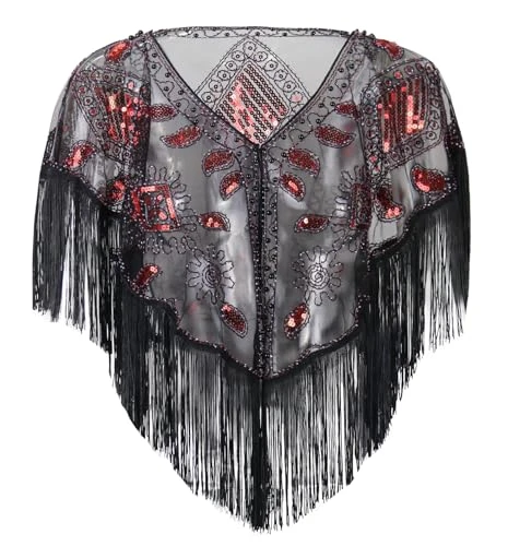 Women's 1920s Shawl Sequin Beaded Evening Cape Flapper Shrug Retro Tulle Tassel Shawls Vintage Mesh Fringe Shawl Wraps Shiny Short Fringed Art Deco Wrap for Bridal Party Wedding Gatsby Black Red