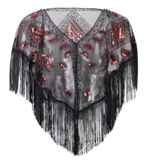 Women's 1920s Shawl Sequin Beaded Evening Cape Flapper Shrug Retro Tulle Tassel Shawls Vintage Mesh Fringe Shawl Wraps Shiny Short Fringed Art Deco Wrap for Bridal Party Wedding Gatsby Black Red