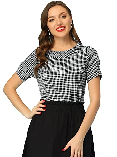 Women's 1950s Round Collar Short Sleeve Checked Tops Black L