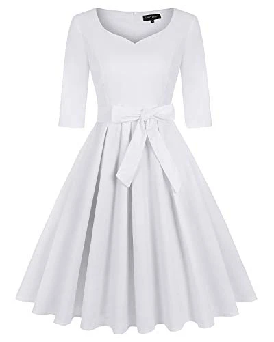 Women's 1950s Sweetheart Vintage Dresses Audrey Hepburn Style Party Dresses,3/4 Sleeve - White,XX-Large