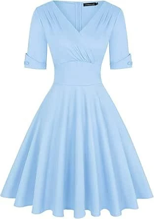 Women's 1950s Vintage Dress Deep V Neck Wrap Half Sleeve Retro Cocktail Swing Dresses （Solid_Blue，XL）