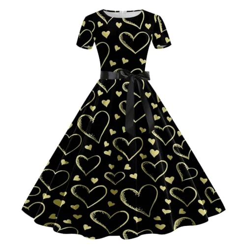 Women's 1950s Vintage Dress Deep V Neck Wrap Short Sleeve Retro Cocktail Swing Dresses Wrap Dresses for Women UK Womens Sun Dresses Swimming Costume with Skirt Size 22 (Black, M)