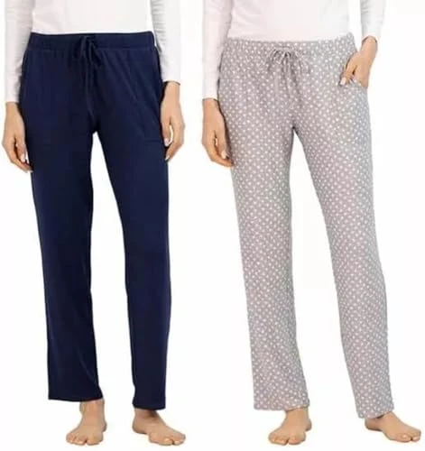 Women's 2 Pack Straight Leg Lounge PJ Pants with Drawstrings and Pockets, Blue, S