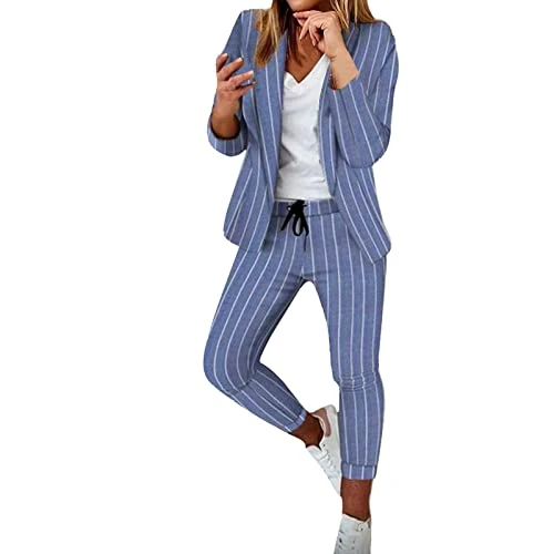 Women's 2-piece casual lightweight thin jacket thin coat long sleeve office business trousers + coats jacket outwear suits jogging suit women's cuddly, 0404A Blue, S