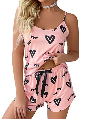 Women's 2 Piece Heart Print Summer Pajama Set Scoop Neck Sleeveless Cami Tops and Shorts Loungewear Coral Pink XL