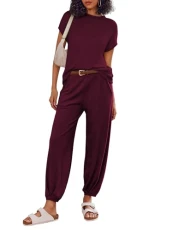 Women's 2 Piece Lounge Set Cap Sleeve Tops and Jogger Pants Knit Pajama Sweatsuit, Deep Red, S Women's 2 Piece Lounge Set Cap Sleeve Tops and Jogger Pants Knit Pajama Sweatsuit, Deep Red, S