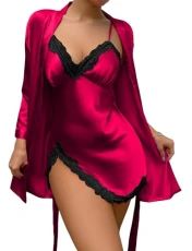 Women's 2-Piece Nightdress with Dressing Gown Pyjama Set Satin Robes Cami Nightwear V-neck Sexy Sleepwear Red M