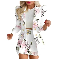 Womens 2 Piece Outfit Suit Casual Long Puff Sleeve Cardigan Blazer + Short Skirt Suit Work Business Office Formal Wedding Guests Coats and Jackets Ladies Autumn Outerwear