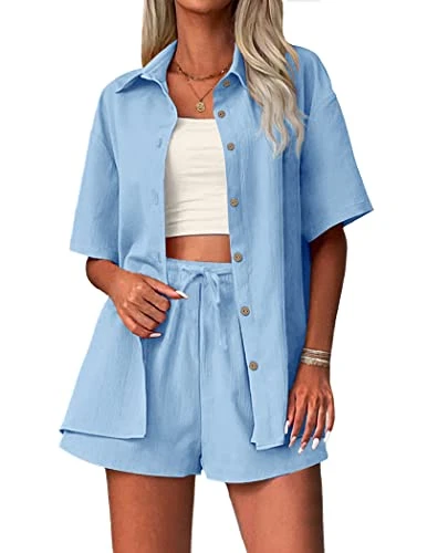 Womens 2 Piece Outfits Cotton Linen Shirt and Drawstring Short Set 2023 Summer Vacation Set Casual T