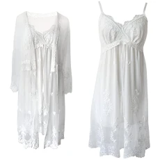 Womens 2 Piece Retro Lace Nightdresses Sets - V Neck Spaghetti Strap Padded Nightdress + Kimono Robe - Elegant Nightwear for Bridal Wedding Party & Loungewear White L