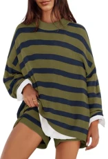 Women's 2 Piece Sweater Lounge Sets Striped Long Sleeve Shorts Oversized Matching Outfits, Olivecombo, XL Women's 2 Piece Sweater Lounge Sets Striped Long Sleeve Shorts Oversized Matching Outfits, Olivecombo, XL
