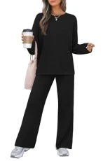 Women's 2 Piece Sweater Set Long Sleeve Pullover Wide Leg Pants Casual Knit Lounge Outfits, Black, X-Large Women's 2 Piece Sweater Set Long Sleeve Pullover Wide Leg Pants Casual Knit Lounge Outfits, Black, X-Large