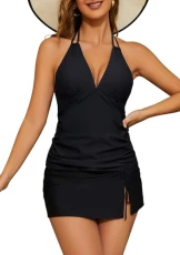 Women's 2 Piece Swimsuits Halter V Neck Tankini Set with Skirt Bottom Bathing Suit Swimswear Black