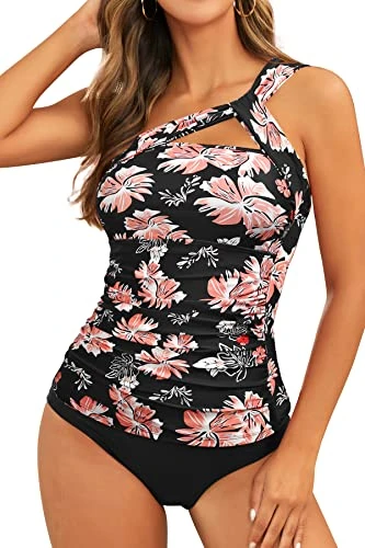 Women's 2 Piece Tankini Set One Shoulder Printed Swim Top with Mid Rise Bikini Briefs Plus Size Swim