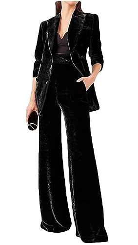 Women's 2 Piece Velvet Trouser Suit Office Work Suit Notch Lapel Double Breasted Blazer Pants Busine