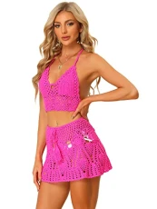 Women's 2 Pieces Bikini Set Hollow Out Cami Top Mini Skirt Summer Beach Crochet Knit Sets, Hot Pink, Large