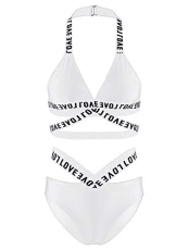 Women's 2 Pieces Letter Printed Swimsuit Bathing Suit Surf Beach Swimwear Bra and Panty Set White M Women's 2 Pieces Letter Printed Swimsuit Bathing Suit Surf Beach Swimwear Bra and Panty Set White M