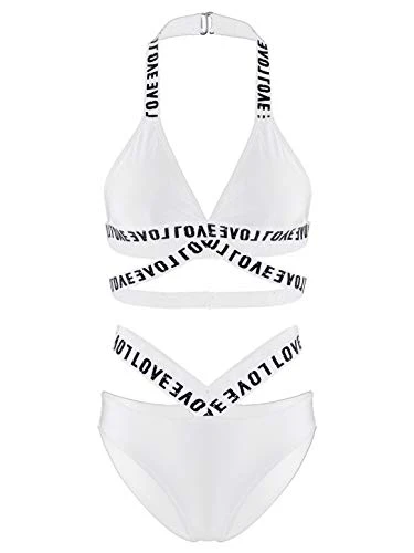 Women's 2 Pieces Letter Printed Swimsuit Bathing Suit Surf Beach Swimwear Bra and Panty Set White M