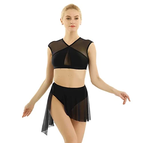 Women's 2 Pieces Lyrical Dance Costume Contemporary Ballet Dress Gymnastic Leotard Dancewear Black Small