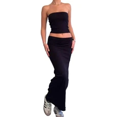 Women's 2 Pieces Outfit Ladies Sexy Co Ord Set Crop/Tank/Tube Top + Maxi Skirt Y2k Aesthetic Summer Clothes Streetwear (E - Black (Tube Top), S)