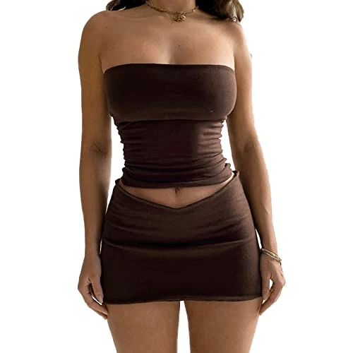 Women's 2 Pieces Outfit Summer Ladies Sexy Co Ord Set Tube/Crop/Tank Top + Mini Skirt Y2k Aesthetic Clothes Streetwear Clubwear (A - Brown (Tube Top), S)