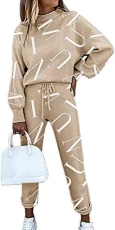 Womens 2 Pieces Tracksuit Loose Soft Loungewear Nightwear Sportswear Sweat Suits Sets Plaid Print Long Sleeve Top Drawstring Waist Pants Pullover Set D Khaki M
