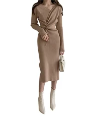 Women's 2023 Elegant Long Sleeve Midi Sweater Dress Ruched V Neck Drawstring Side Slit Bodycon Dresses Khaki Women's 2023 Elegant Long Sleeve Midi Sweater Dress Ruched V Neck Drawstring Side Slit Bodycon Dresses Khaki