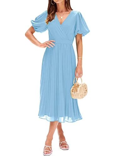 Womens 2023 Summer Puff Sleeve Wrap V Neck Pleated Flowy Midi Dress for Wedding Guest, Blue, M