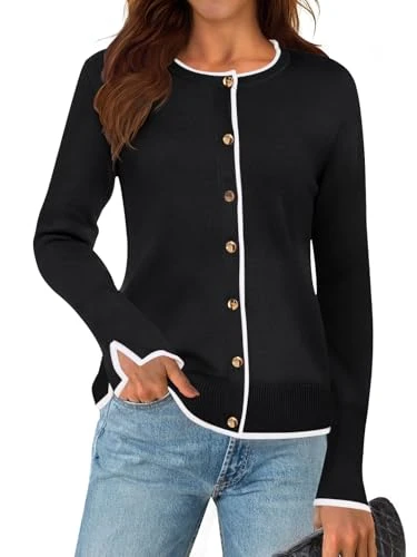 Women's 2024 Fall Long Sleeve Open Front Cardigan Crew Neck Trendy Knit Button Down Sweaters, Black, Large