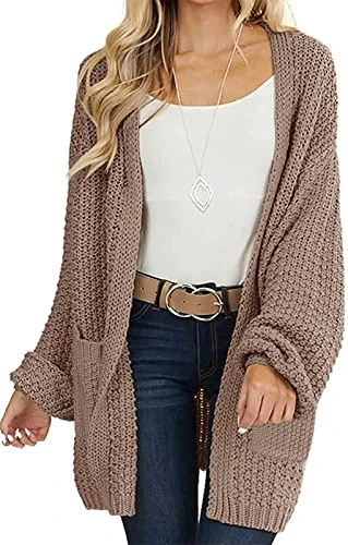 Women's 2024 Fall Open Front Chunky Knit Sweater Oversized Lantern Sleeve Cardigan Outwear, Mocha, M