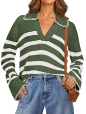 Women's 2024 Fall Oversized Striped Sweater Collared V Neck Long Sleeve Trendy Knit Pullover Tops, Armygreen, M