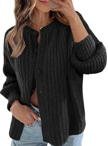 Women's 2024 Long Sleeve Cardigan Sweater Crew Neck Button Ribbed Open Front Knit Outerwear, Black, L