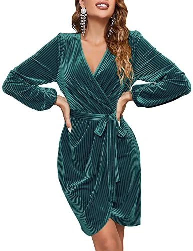 Women's 2024 Long Sleeve Wrap Velvet Mini Dress Sexy V Neck Cocktail Party Club Dress, Cyan, S