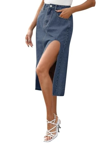 Women's 2024 Split Denim Skirt High Waist Casual Trendy Midi Jean Skirts with Pockets, Grey Blue, L