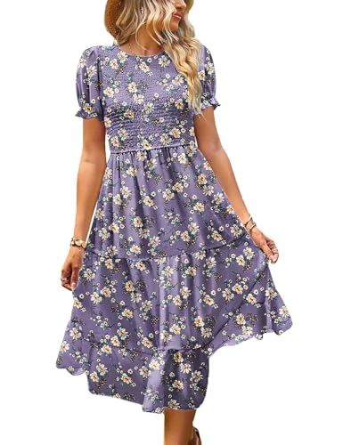 Women's 2024 Summer Causal Short Sleeve Smocked Dress Elastic Waist Tiered Midi Dress with Pockets L E10UK CR08