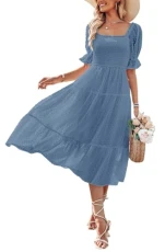 Women's 2024 Summer Square Neck Puff Sleeve Boho Midi Dress Swiss Dot Ruffle Flowy Tie Back Dress, Dusty Blue, XL Women's 2024 Summer Square Neck Puff Sleeve Boho Midi Dress Swiss Dot Ruffle Flowy Tie Back Dress, Dusty Blue, XL
