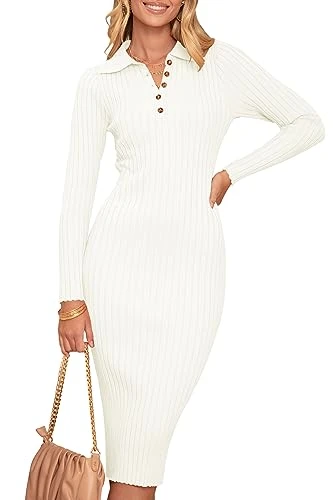 Womens 2024 V Neck Ribbed Sweater Dress Long Sleeve Bodycon Knit Midi Dresses, Beige, S