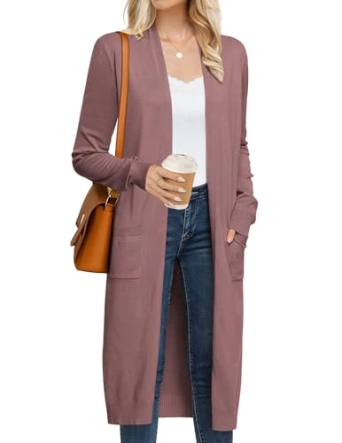 Women's 2025 Trendy Long Cardigans Sweater Lightweight Open Front Long Sleeve Maxi Duster Coats with Pockets, Gray Pink, XL