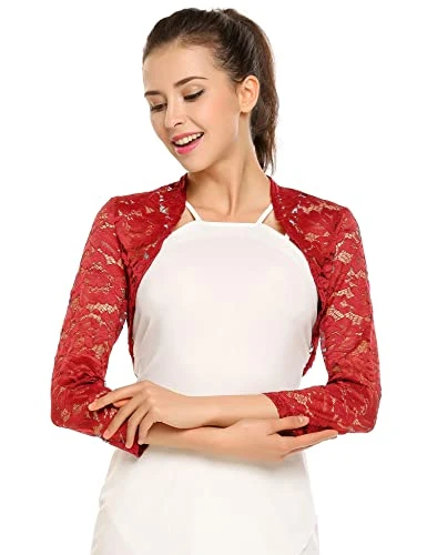 Women's 3 4 Sleeve Bolero Shrugs Crochet Lace Open Cardigan, Pattern Red, 4XL Plus