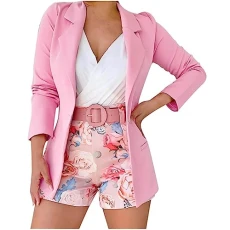 Women's 3 Piece Sets Office Work Suits Long Sleeve Solid Blazer + Printed Suit Shorts + Belt Summer Casual Formal Outfits 2024 Fashion Dressy Business Tracksuits