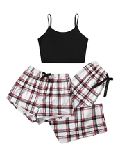 Women's 3 Piece Summer Pajama Set Sleeveless Scoop Neck Cami Tops with Plaid Shorts & Pants Sleepwear Red Black Multi M