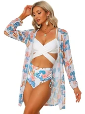 Women's 3 Piece Swimsuit Tropical Floral Wrap Bikini Bathing Suit with Cover Up, Light Blue, Medium