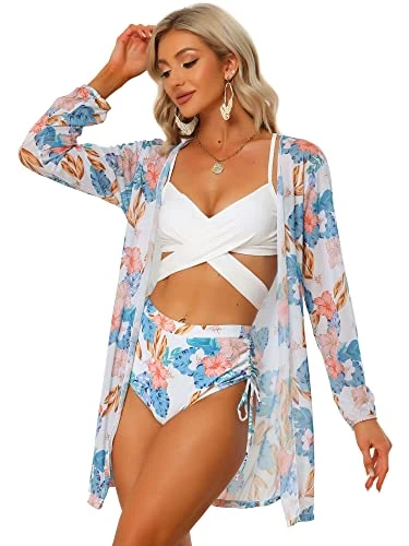 Women's 3 Piece Swimsuit Tropical Floral Wrap Bikini Bathing Suit with Cover Up, Light Blue, Medium