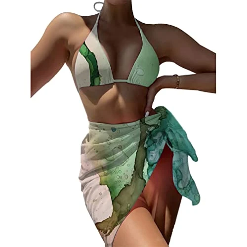 Women's 3 Piece Swimwear Bathing Set Printed Triangle Halter Top Thong Bikini Set with Sarongs Tie Wrap Swimsuit Beachwear -Green Water Drop,M